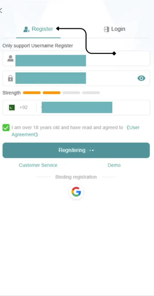 pk6 game apk screenshot of register & login