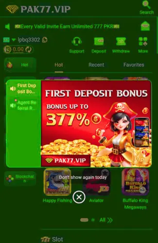 PAK77 game deposit bonus offer
